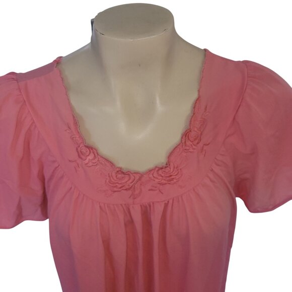 Shadowline Womens Pink Nightgown W/ Rose‎ Embroidery & Flowy Short Sleeves - Picture 2 of 6